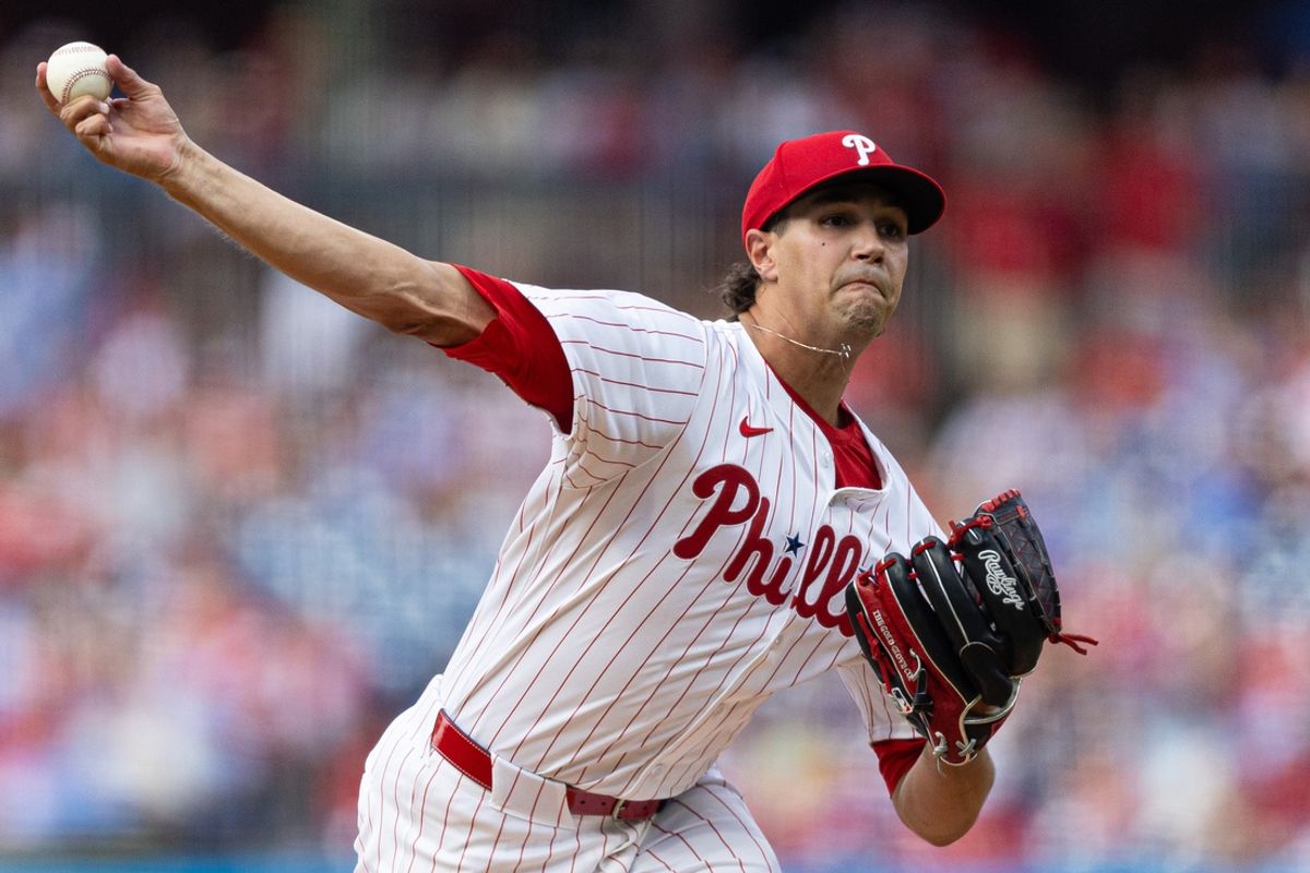 Jul 27, 2024; Philadelphia, Pennsylvania, USA;  Philadelphia Phillies pitcher Tyler Phillips (48) throws a pitch during the first inning against the Cleveland Guardians at Citizens Bank Park. Mandatory Credit: Bill Streicher-USA TODAY Sports