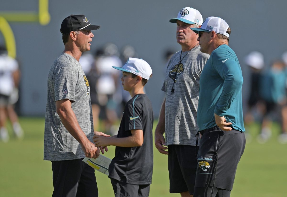 Jaguars general manager Trent Baalke talks with Jacksonville Jaguars head coach Doug Pederson and special teams coordinator Heath Farwell during the fourth day of the NFL football training camp practice session Saturday, July 27, 2024 at EverBank Stadium's Miller Electric Center in Jacksonville, Fla. [Bob Self/Florida Times-Union]