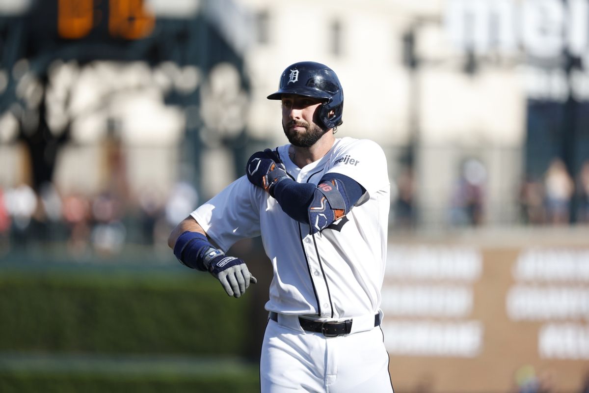 Jul 27, 2024; Detroit, Michigan, USA; Detroit Tigers center fielder Matt Vierling (8) looks on after hitting a single in the first inning against the Minnesota Twins at Comerica Park. Mandatory Credit: Brian Bradshaw Sevald-USA TODAY Sports