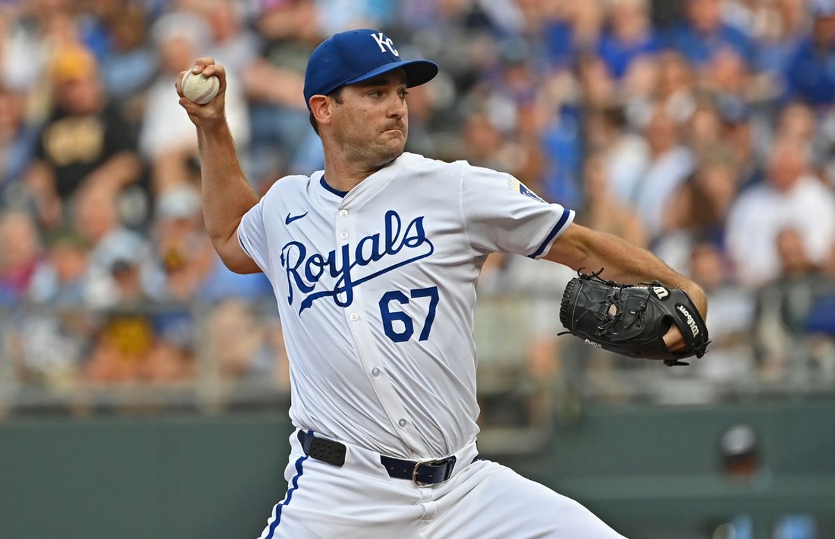 Jul 27, 2024; Kansas City, Missouri, USA;  Kansas City Royals starting pitcher Seth Lugo (67) delivers a pitch in the first inning against the Chicago Cubs at Kauffman Stadium. Mandatory Credit: Peter Aiken-USA TODAY Sports