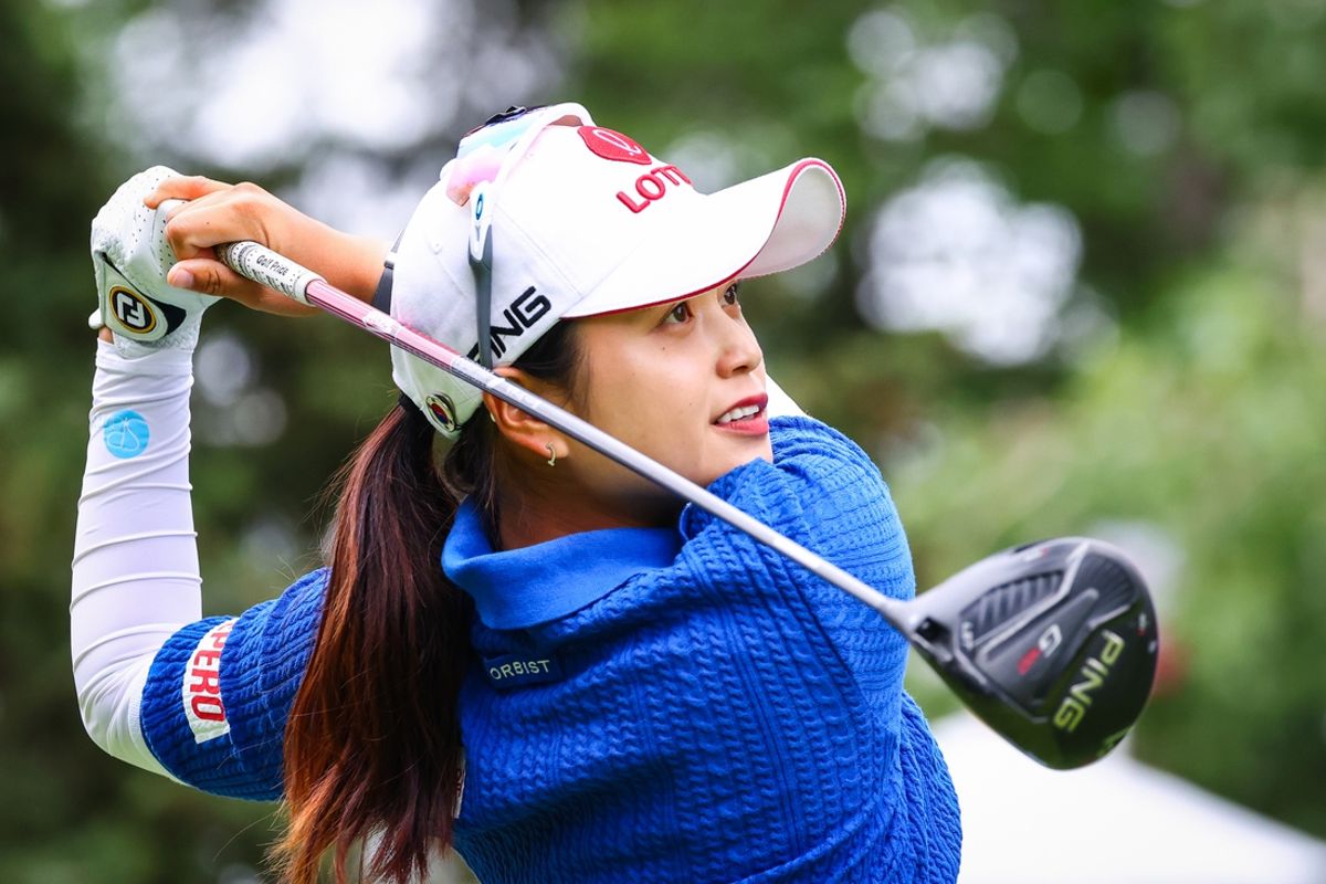 Jul 27, 2024; Calgary, Alberta, CAN; Ariya Jutanugarn plays her shot from the second tee during the third round of the CPKC Women's Open golf tournament. Mandatory Credit: Sergei Belski-Imagn Images