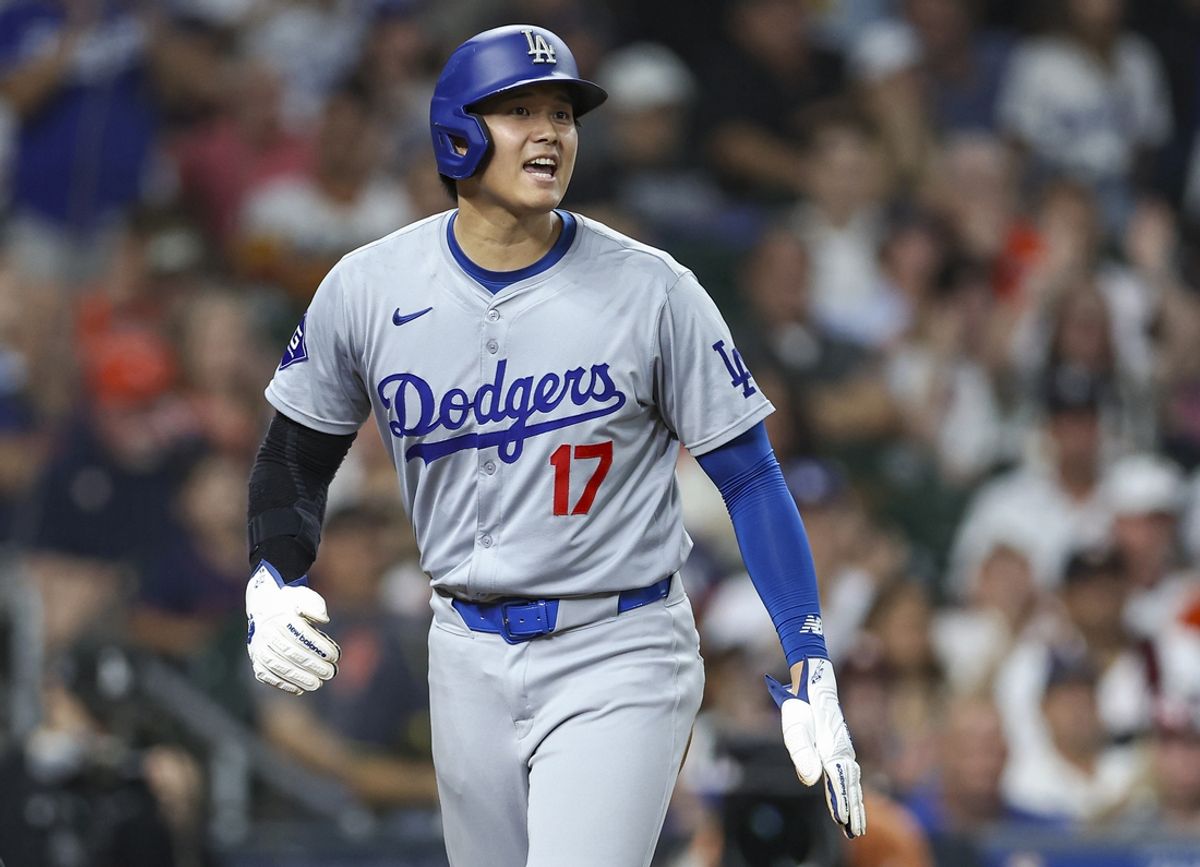 Jul 27, 2024; Houston, Texas, USA; Los Angeles Dodgers designated hitter Shohei Ohtani (17) reacts after scoring on an RBI single by left fielder Teoscar Hernandez (not pictured) during the fifth inning against the Houston Astros at Minute Maid Park. Mandatory Credit: Troy Taormina-USA TODAY Sports