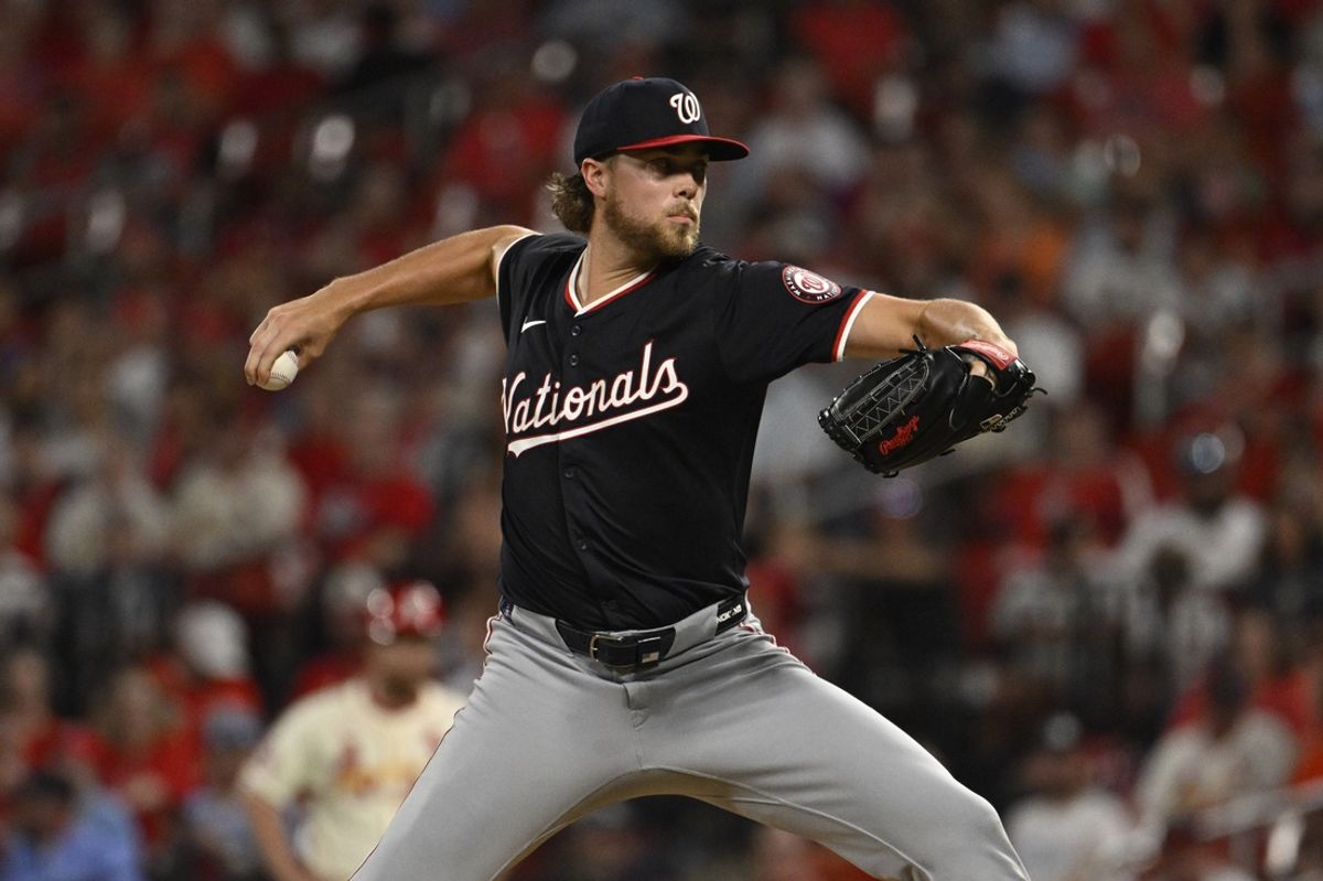 Jul 27, 2024; St. Louis, Missouri, USA; Washington Nationals starting pitcher Jake Irvin (27) throws against the St. Louis Cardinals during the first inning at Busch Stadium. Mandatory Credit: Jeff Le-USA TODAY Sports