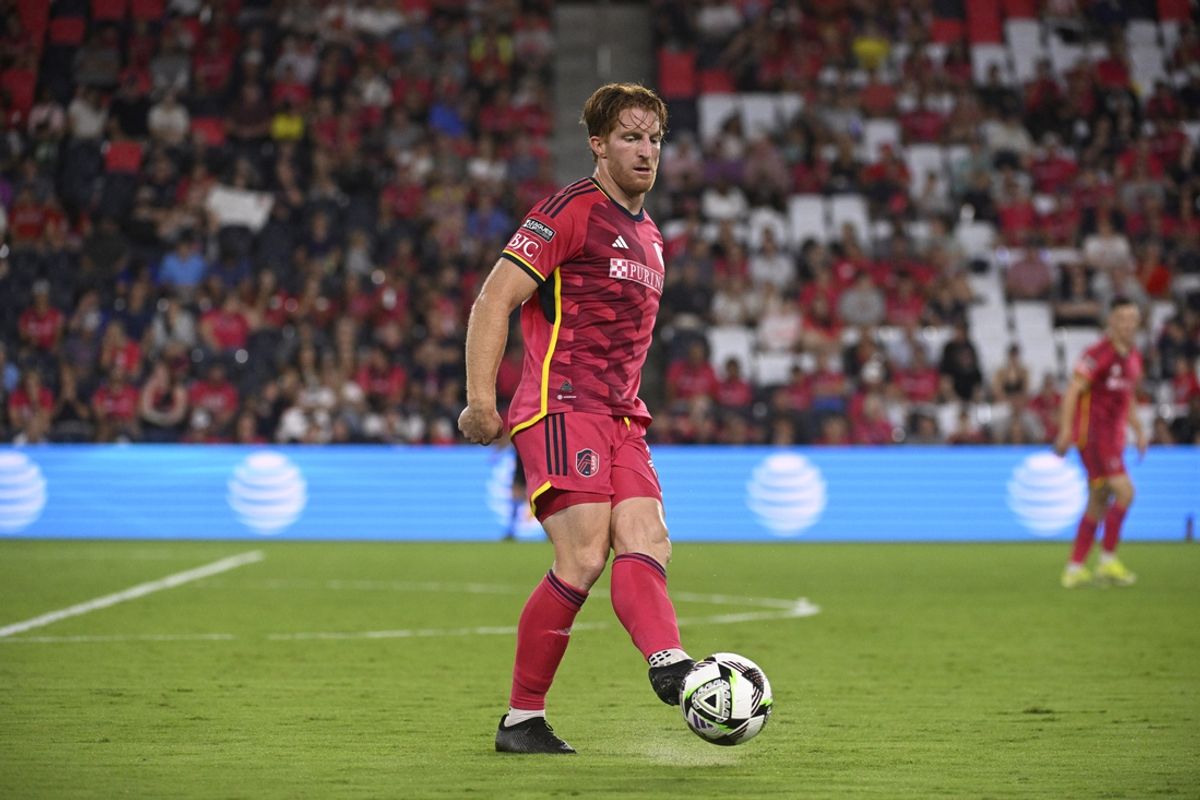Jul 27, 2024; St. Louis, Missouri, USA; St. Louis CITY SC defender Tim Parker (26) makes a pass against FC Dallas in the second half at CITYPARK. Mandatory Credit: Joe Puetz-USA TODAY Sports