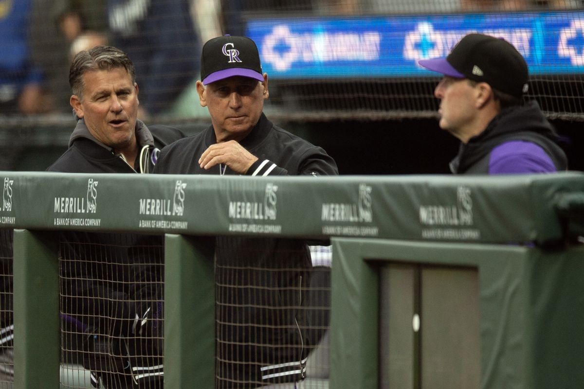 Jul 27, 2024; San Francisco, California, USA; Colorado Rockies manager Bud Black (center) awaits the start of a game with the San Francisco Giants at Oracle Park. Mandatory Credit: D. Ross Cameron-USA TODAY Sports