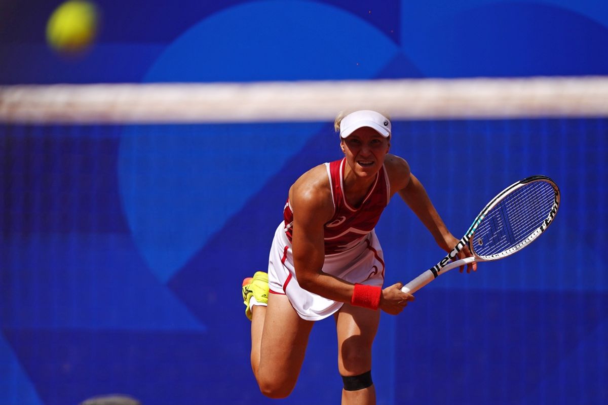 Jul 28, 2024; Paris, France; Viktorija Golubic (SUI) plays against Jessica Pegula (USA) in the women’s tennis singles first round during the Paris 2024 Olympic Summer Games at Stade Roland Garros. Mandatory Credit: Amber Searls-Imagn Images