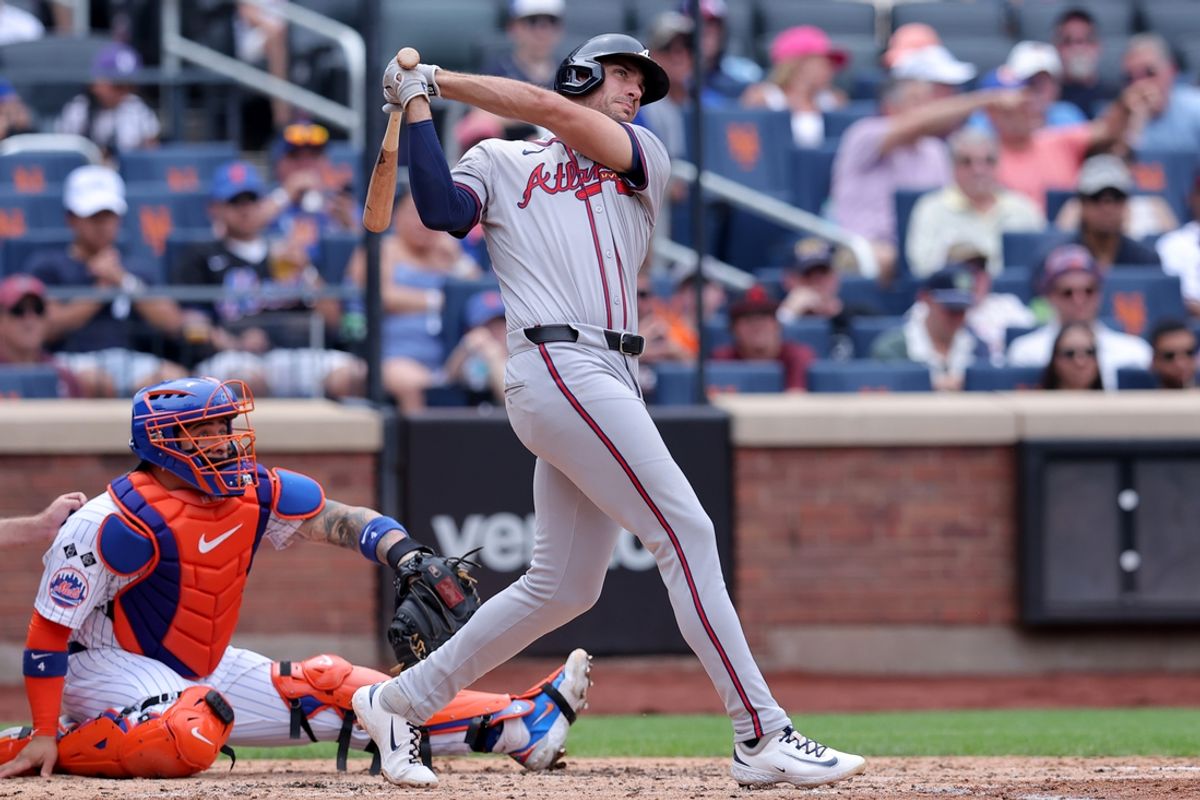 Jul 28, 2024; New York City, New York, USA; Atlanta Braves first baseman Matt Olson (28) follows through on a three run home run against the New York Mets during the fourth inning at Citi Field. Mandatory Credit: Brad Penner-USA TODAY Sports