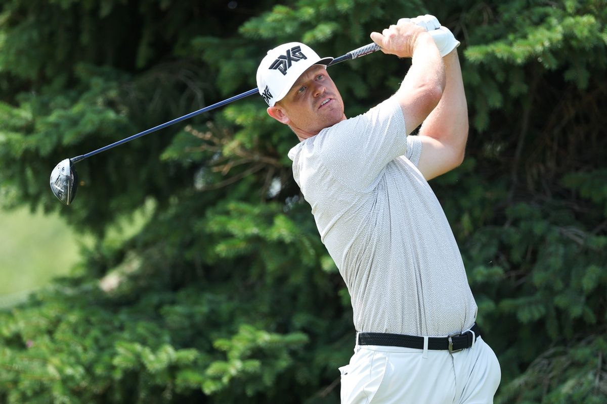 Jul 28, 2024; Blaine, Minnesota, USA; Patrick Fishburn hits his tee shot on the second hole during the final round of the 3M Open golf tournament. Mandatory Credit: Matt Krohn-Imagn Images