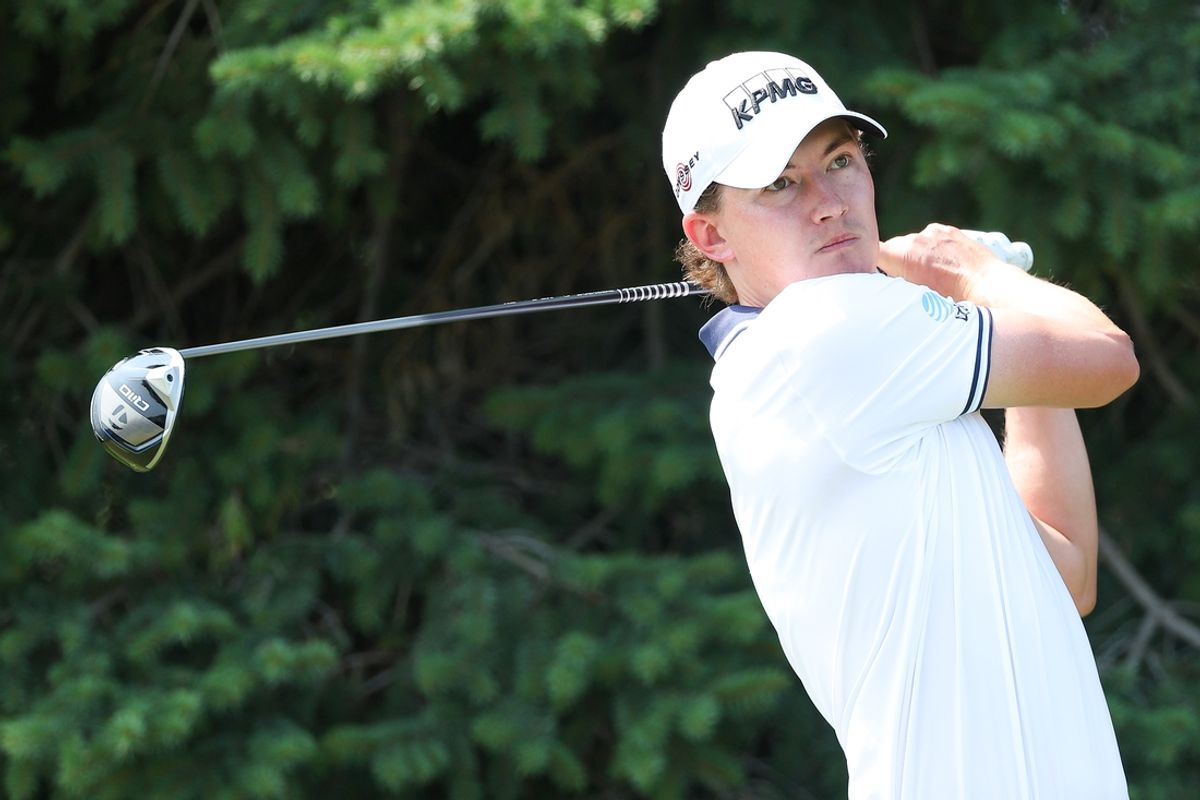 Jul 28, 2024; Blaine, Minnesota, USA; Maverick McNealy hits his tee shot on the second hole during the final round of the 3M Open golf tournament. Mandatory Credit: Matt Krohn-Imagn Images