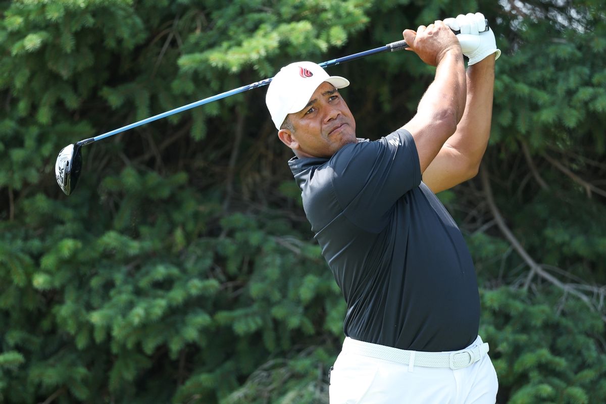Jul 28, 2024; Blaine, Minnesota, USA; Jhonattan Vegas hits his tee shot on the second hole during the final round of the 3M Open golf tournament. Mandatory Credit: Matt Krohn-USA TODAY Sports