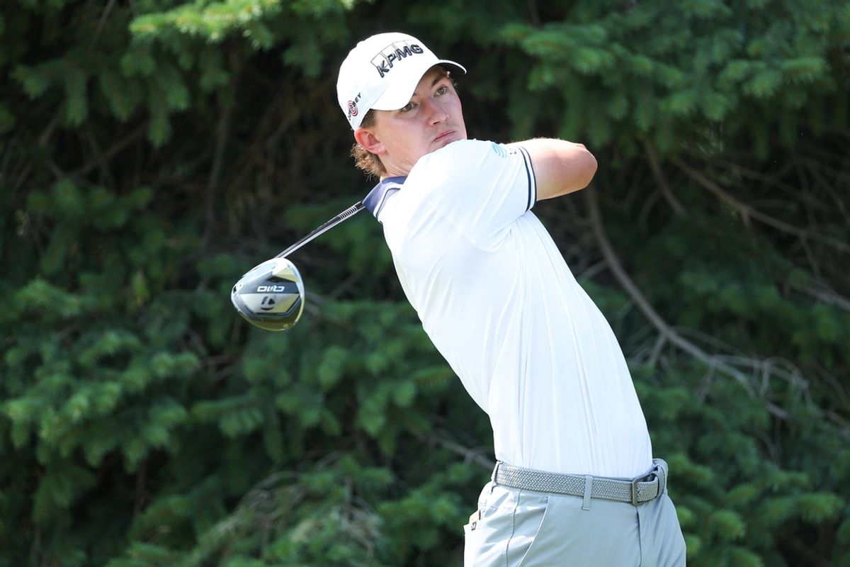Jul 28, 2024; Blaine, Minnesota, USA; Maverick McNealy hits his tee shot on the second hole during the final round of the 3M Open golf tournament. Mandatory Credit: Matt Krohn-Imagn Images