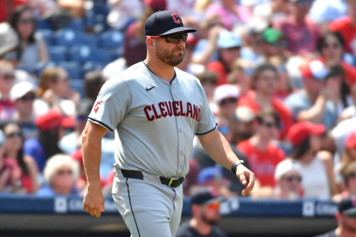 Jul 28, 2024; Philadelphia, Pennsylvania, USA; Cleveland Guardians manager Stephen Vogt (12) walks to the mound for a pitching change against the Philadelphia Phillies during the fourth inning at Citizens Bank Park. Mandatory Credit: Eric Hartline-USA TODAY Sports