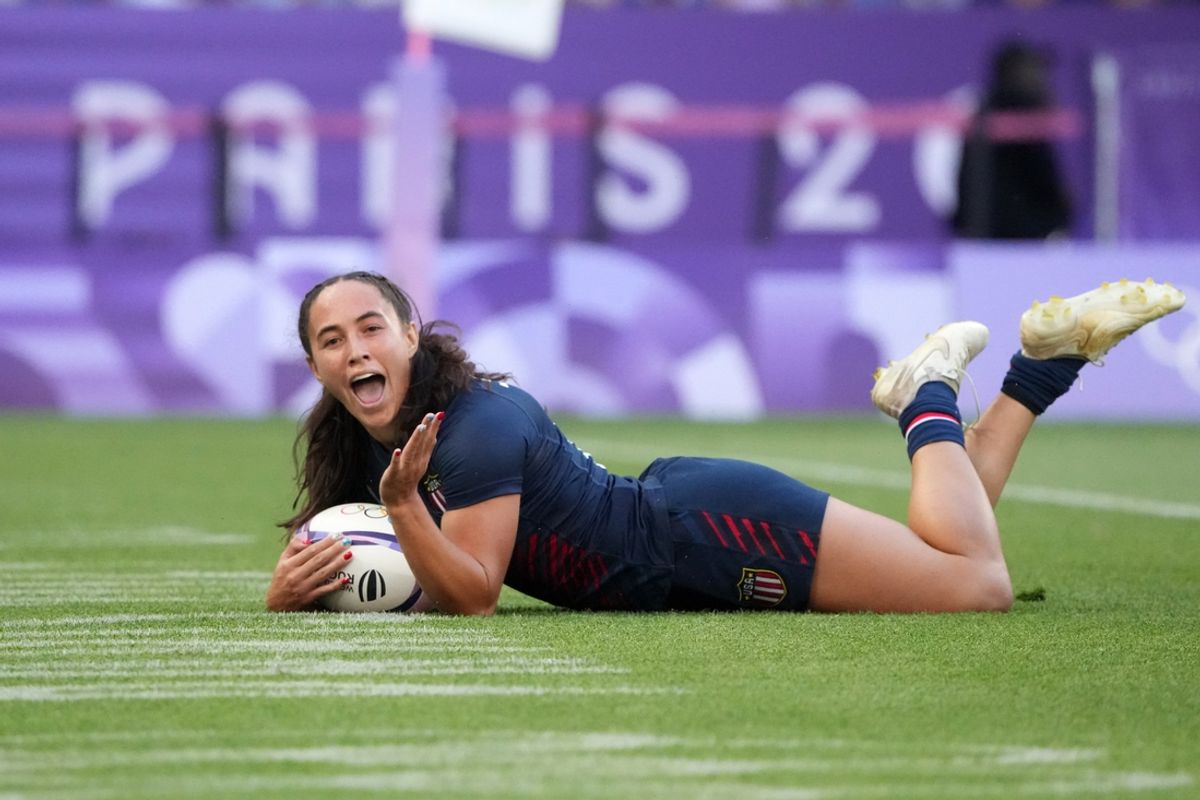 Paris Saint-Denis, France; United States back Alex Sedrick (8) celebrates after scoring during the 2024 Olympic Summer Games at Stade de France. Mandatory Credit: Kirby Lee-USA TODAY Sports
