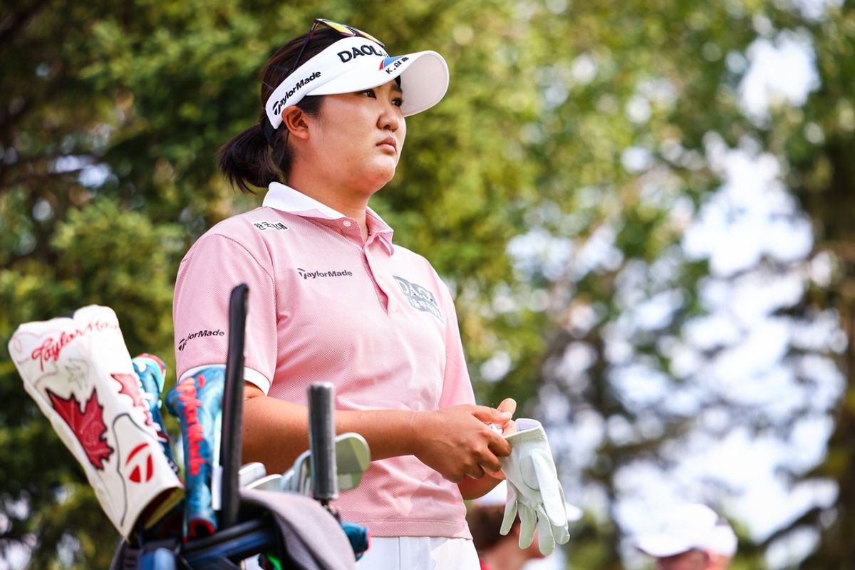 Jul 28, 2024; Calgary, Alberta, CAN; Haeran Ryu on the 11th tee during the final round of the CPKC Women's Open golf tournament. Mandatory Credit: Sergei Belski-USA TODAY Sports