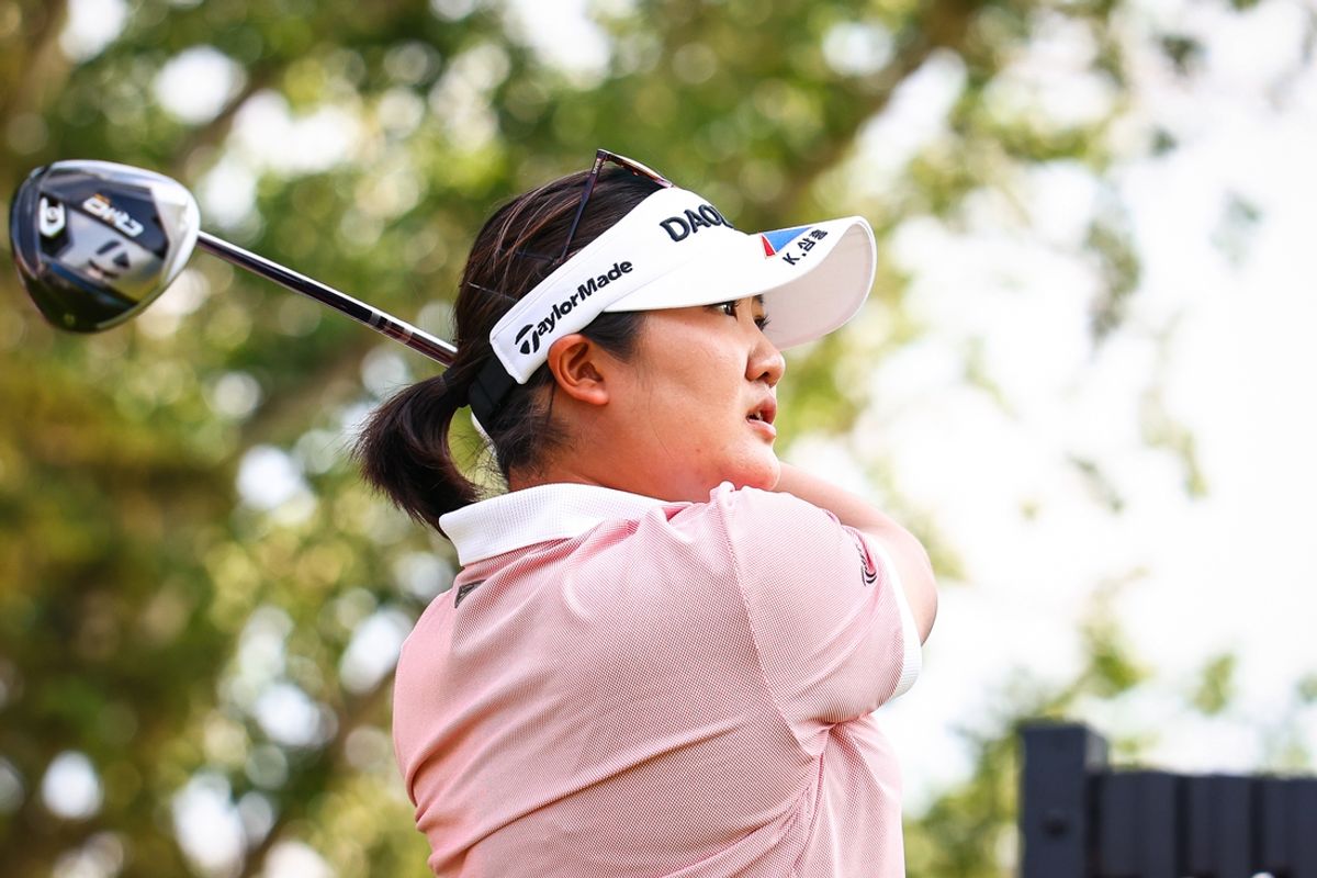 Jul 28, 2024; Calgary, Alberta, CAN; Haeran Ryu plays her shot from the 11th tee during the final round of the CPKC Women's Open golf tournament. Mandatory Credit: Sergei Belski-USA TODAY Sports