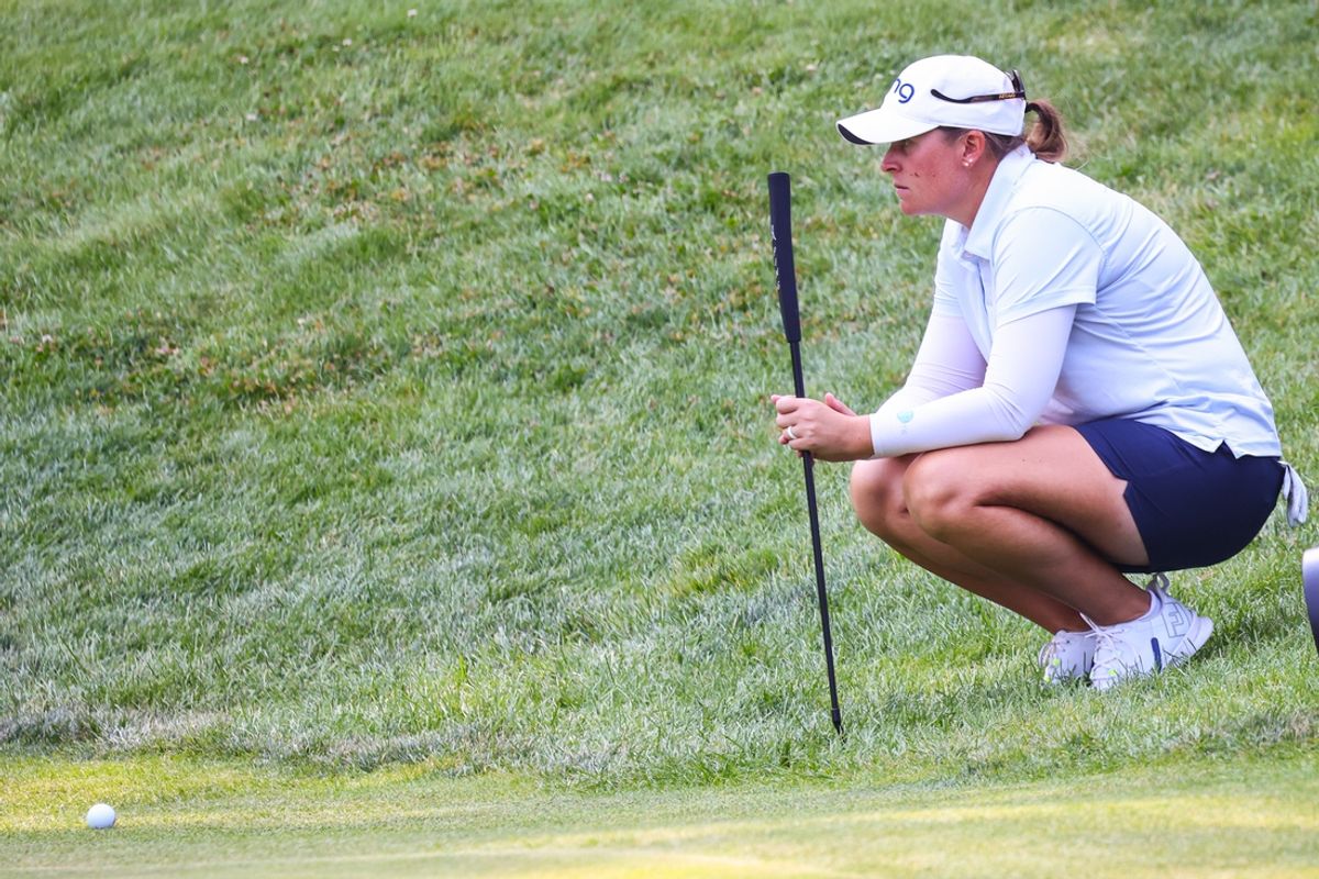 Jul 28, 2024; Calgary, Alberta, CAN; Lauren Coughlin lines up her putt on the 11th green during the final round of the CPKC Women's Open golf tournament. Mandatory Credit: Sergei Belski-USA TODAY Sports