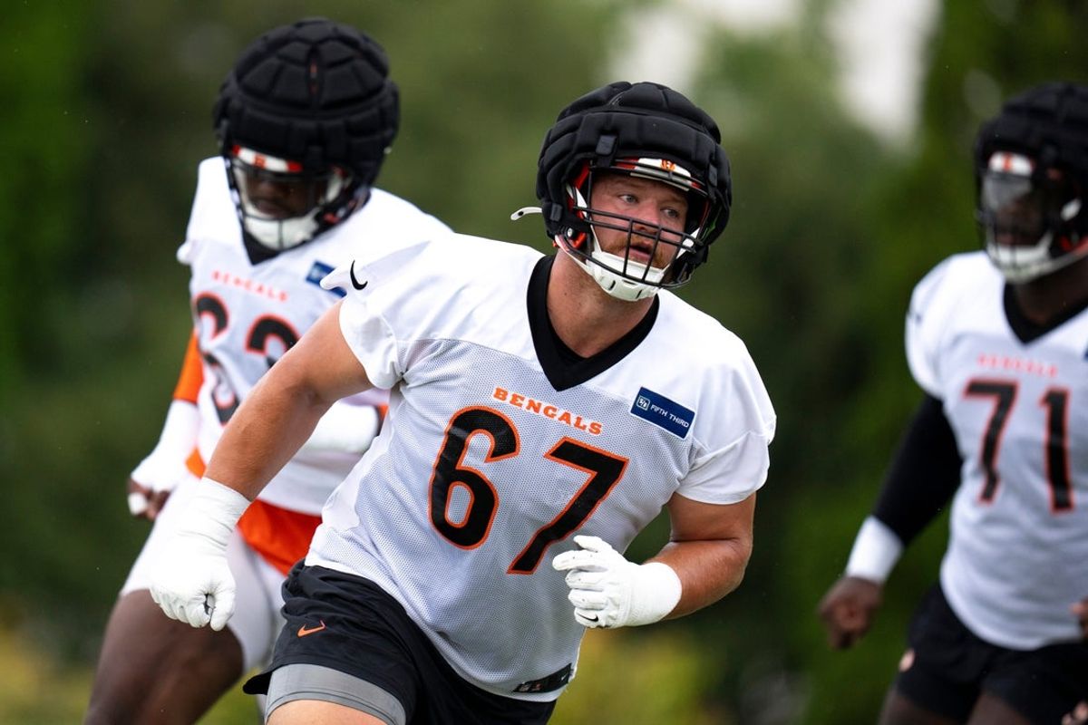 Cincinnati Bengals guard Cordell Volson (67) runs drills at Cincinnati Bengals training camp on the Kettering Health Practice Fields in Cincinnati on Sunday, July 28, 2024.