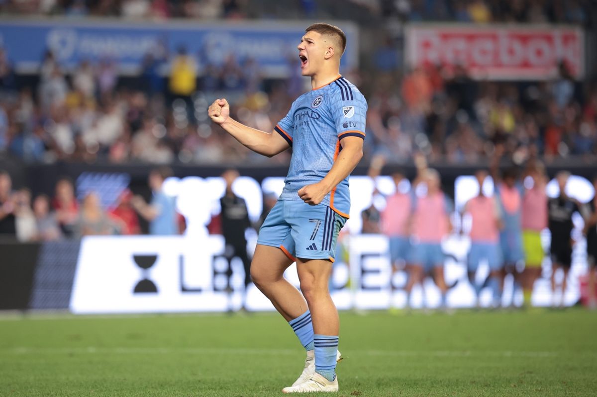 Jul 28, 2024; Bronx, New York, USA; New York City FC forward Jovan Mijatovic (7) celebrates after scoring a goal during penalty kicks against Queretaro FC  at Yankee Stadium. Mandatory Credit: Vincent Carchietta-Imagn Images