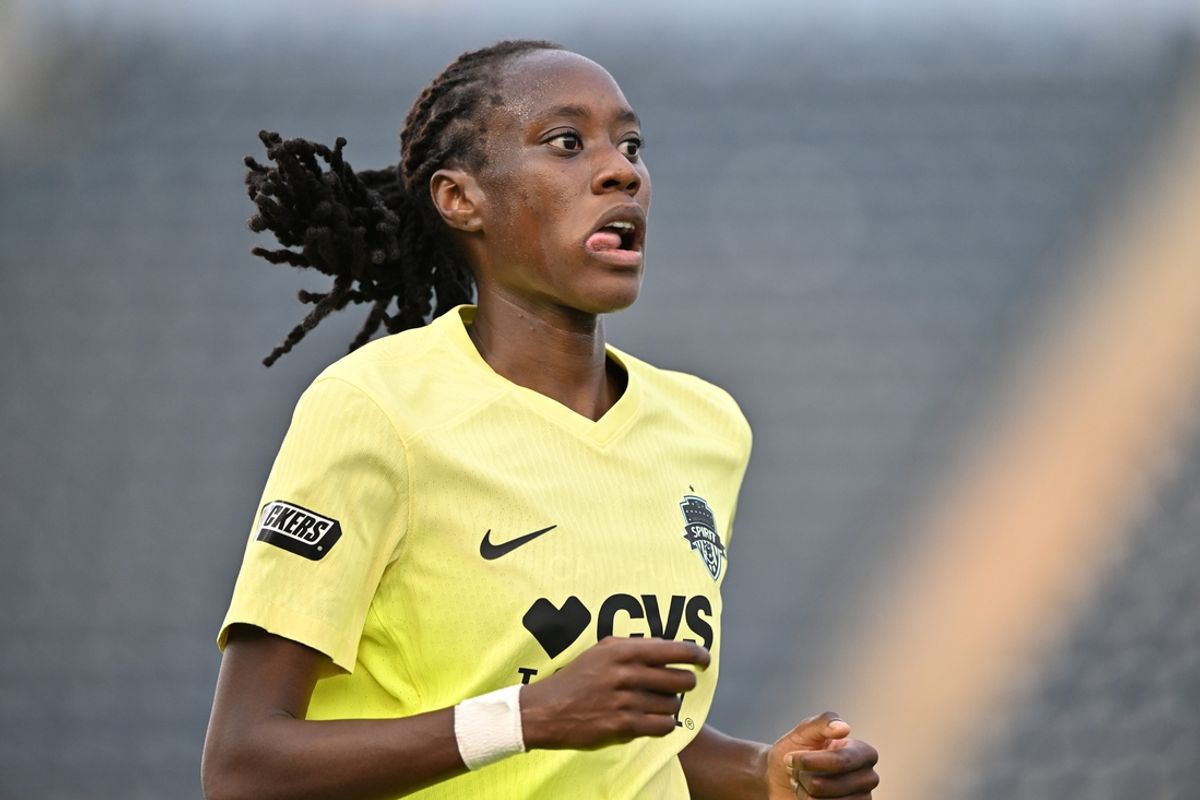 Jul 28, 2024; Harrison, New Jersey, USA; Washington Spirit forward Ouleymata Sarr (11) during the second half against NJ/NY Gotham FC at Subaru Park. Mandatory Credit: Kyle Ross-Imagn Images