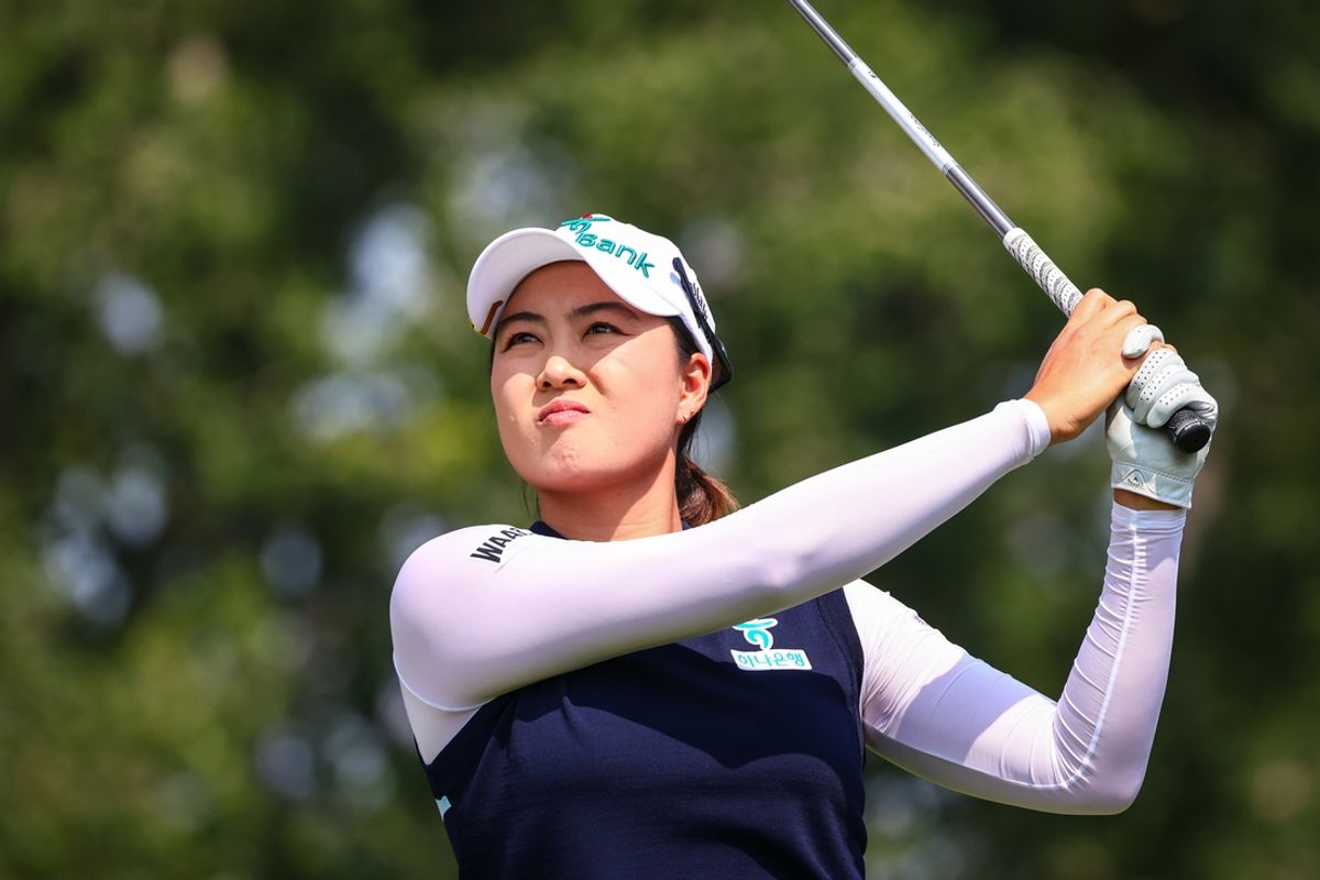 Jul 28, 2024; Calgary, Alberta, CAN; Minjee Lee plays her shot from the third tee during the final round of the CPKC Women's Open golf tournament. Mandatory Credit: Sergei Belski-USA TODAY Sports