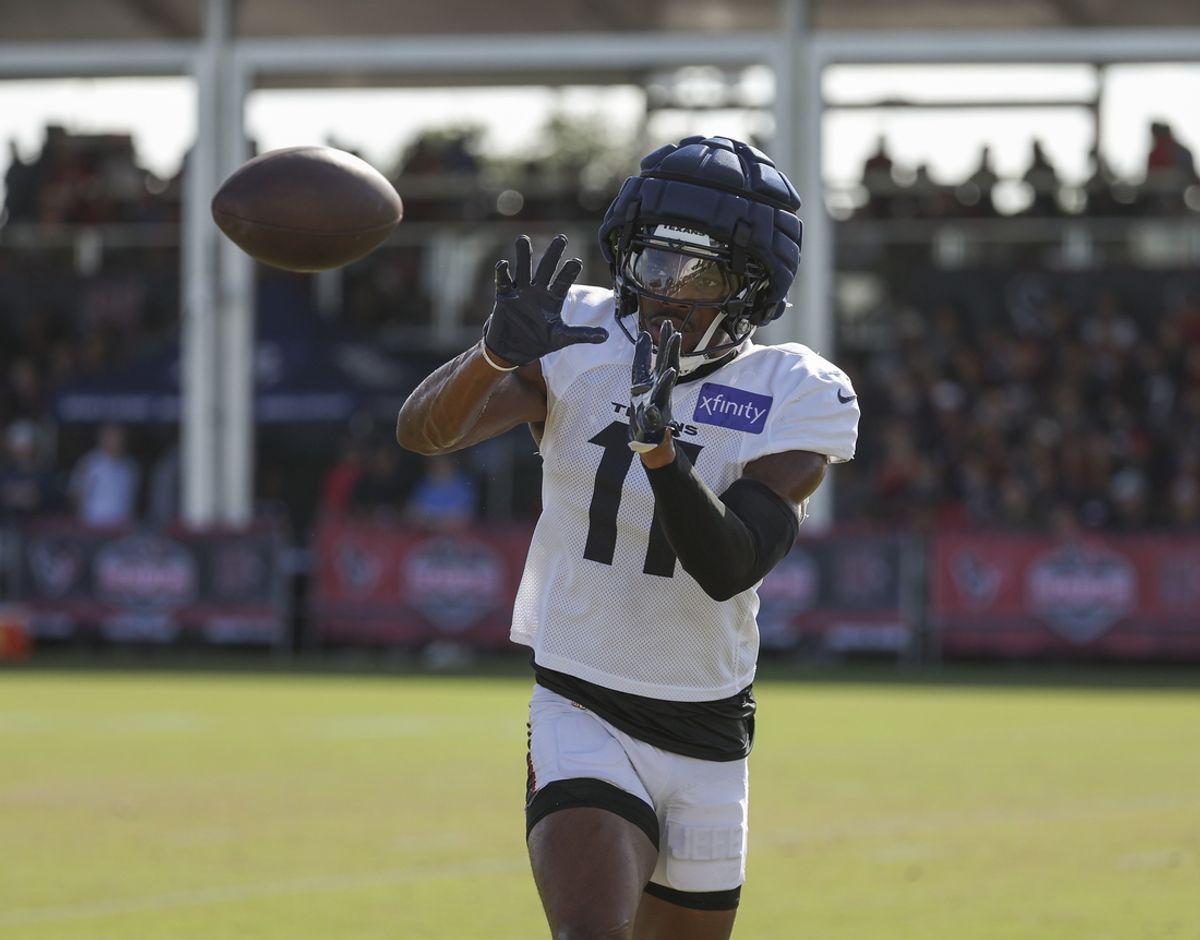 Jul 29, 2024; Houston, TX, USA; Houston Texans cornerback Jeff Okudah (11) during training camp at Houston Methodist Training Center. Mandatory Credit: Troy Taormina-Imagn Images