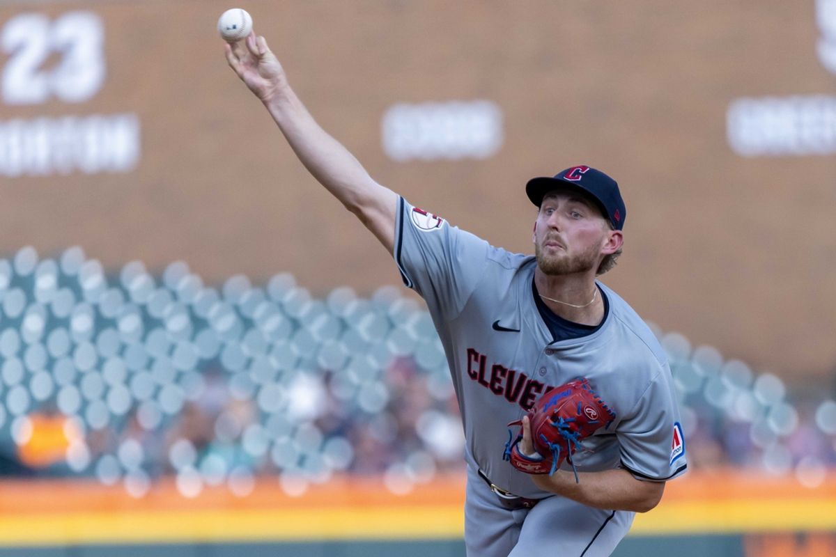 Jul 29, 2024; Detroit, Michigan, USA; Cleveland Guardians starting pitcher Tanner Bibee (28) delivers in the first inning against the Detroit Tigers at Comerica Park. Mandatory Credit: David Reginek-USA TODAY Sports
