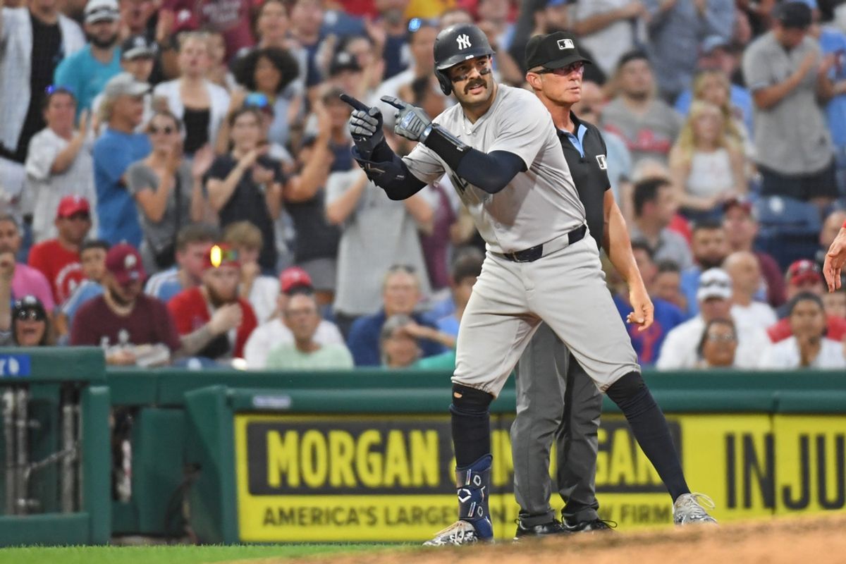 Jul 29, 2024; Philadelphia, Pennsylvania, USA; New York Yankees catcher Austin Wells (28) celebrates his two RBI double against the Philadelphia Phillies during the fifth inning at Citizens Bank Park. Mandatory Credit: Eric Hartline-USA TODAY Sports