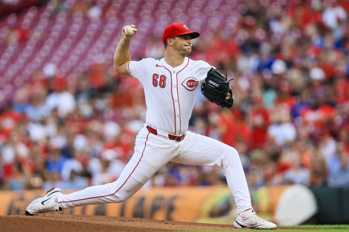 Jul 29, 2024; Cincinnati, Ohio, USA; Cincinnati Reds starting pitcher Carson Spiers (68) pitches against the Chicago Cubs in the first inning at Great American Ball Park. Mandatory Credit: Katie Stratman-USA TODAY Sports