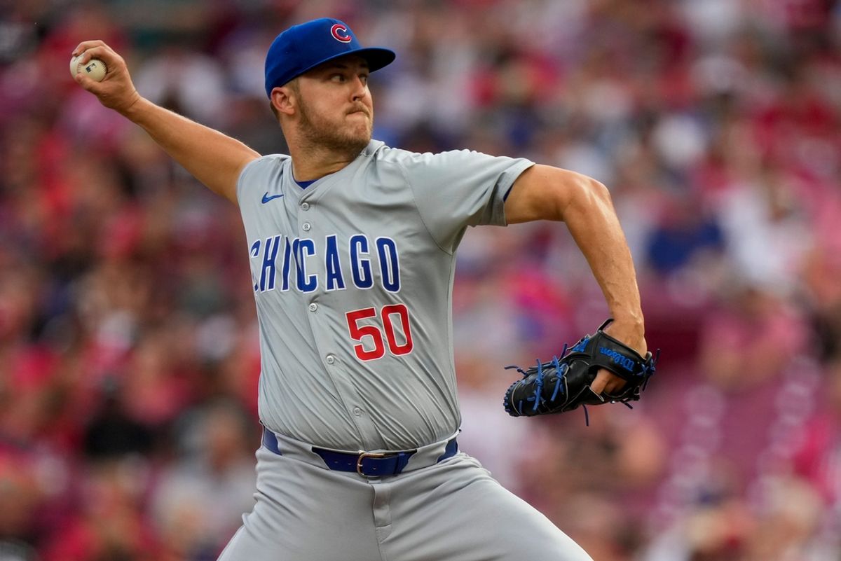 Chicago Cubs starting pitcher Jameson Taillon (50) throws a pitch in the second inning of the MLB National League game between the Cincinnati Reds and the Chicago Cubs at Great American Ball Park in downtown Cincinnati on Monday, July 29, 2024. The Reds led 3-0 after four innings.