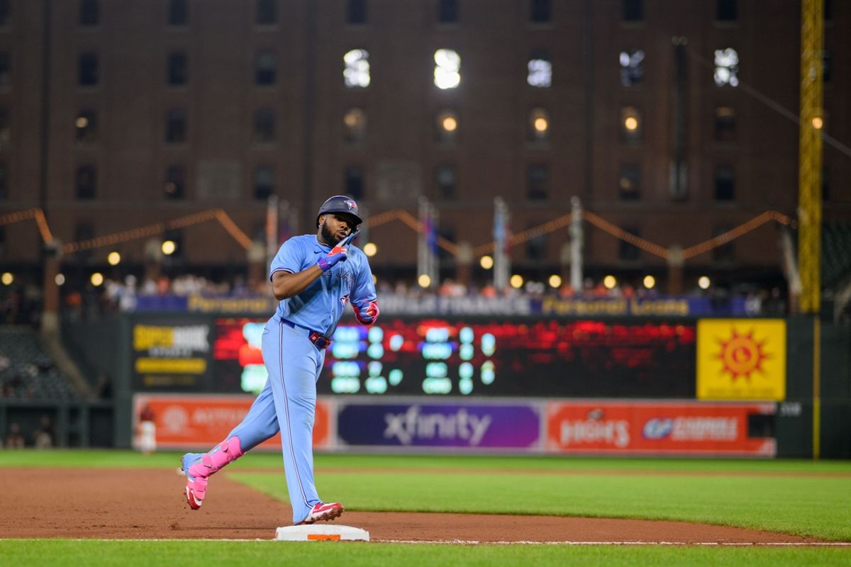 Jul 29, 2024; Baltimore, Maryland, USA; Toronto Blue Jays first baseman Vladimir Guerrero Jr. (27) rounds third base after hitting a home run during the eighth inning against the Baltimore Orioles at Oriole Park at Camden Yards. Mandatory Credit: Reggie Hildred-USA TODAY Sports