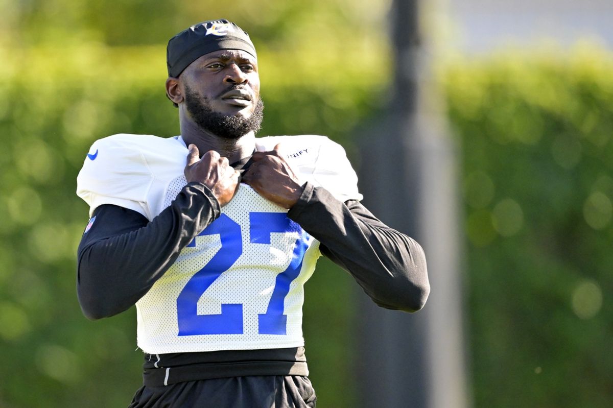 Jul 29, 2024; Los Angeles, CA, USA; Los Angeles Rams cornerback Tre'Davious White (27) looks on during training camp at Loyola Marymount University. Mandatory Credit: Jayne Kamin-Oncea-Imagn Images
