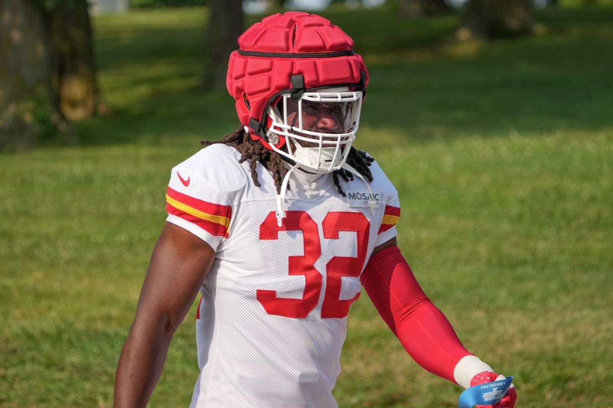 Jul 26, 2024; Kansas City, MO, USA; Kansas City Chiefs linebacker Nick Bolton (32) walks from the locker room to the fields prior to training camp at Missouri Western State University. Mandatory Credit: Denny Medley-USA TODAY Sports