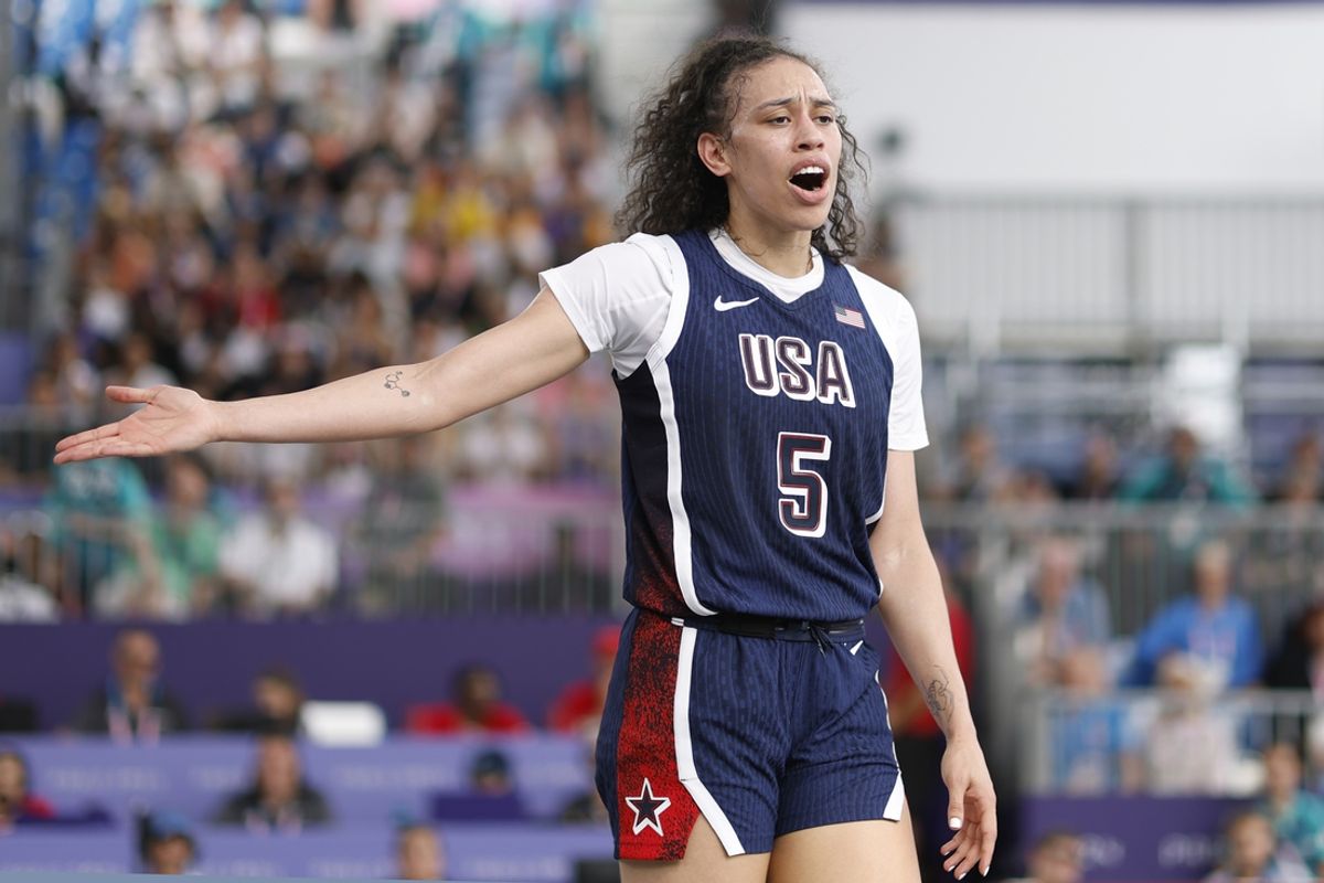 Jul 30, 2024; Paris, France; United States player Dearica Hamby (5) reacts in the women’s pool basketball 3x3 game during the Paris 2024 Olympic Summer Games at La Concorde 1. Mandatory Credit: Yukihito Taguchi-USA TODAY Sports