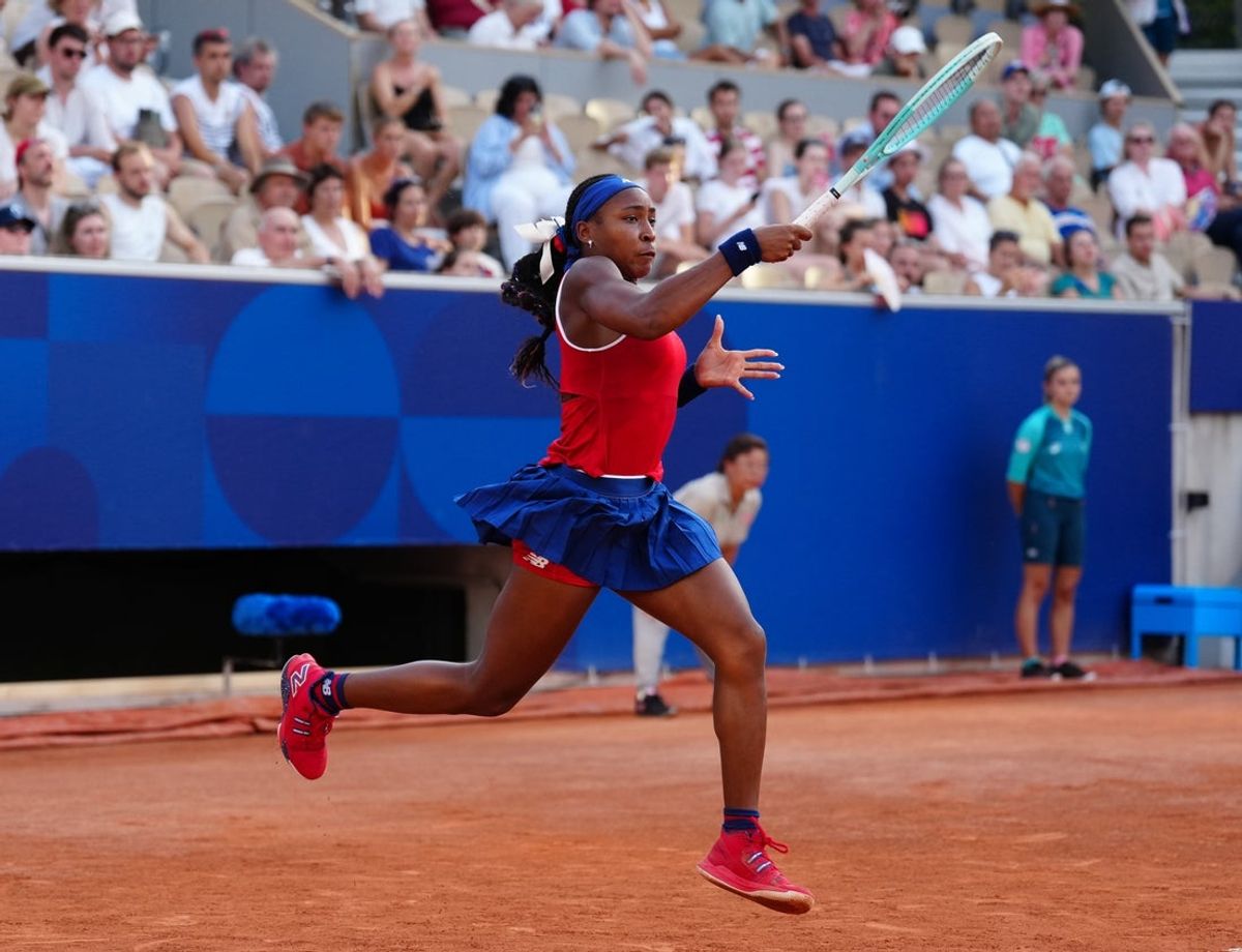 Jul 30, 2024; Paris, France;  Coco Gauff (USA) during a mixed doubles tennis match during the Paris 2024 Olympic Summer Games at Stade Roland Garros. Mandatory Credit: Kirby Lee-Imagn Images