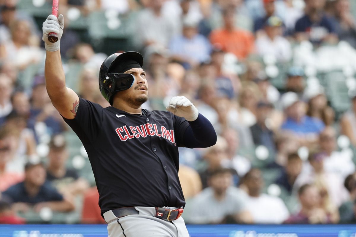 Jul 30, 2024; Detroit, Michigan, USA;  Cleveland Guardians first baseman Josh Naylor (22) hits a home run against the Detroit Tigers in the fourth inning  at Comerica Park. Mandatory Credit: Rick Osentoski-USA TODAY Sports
