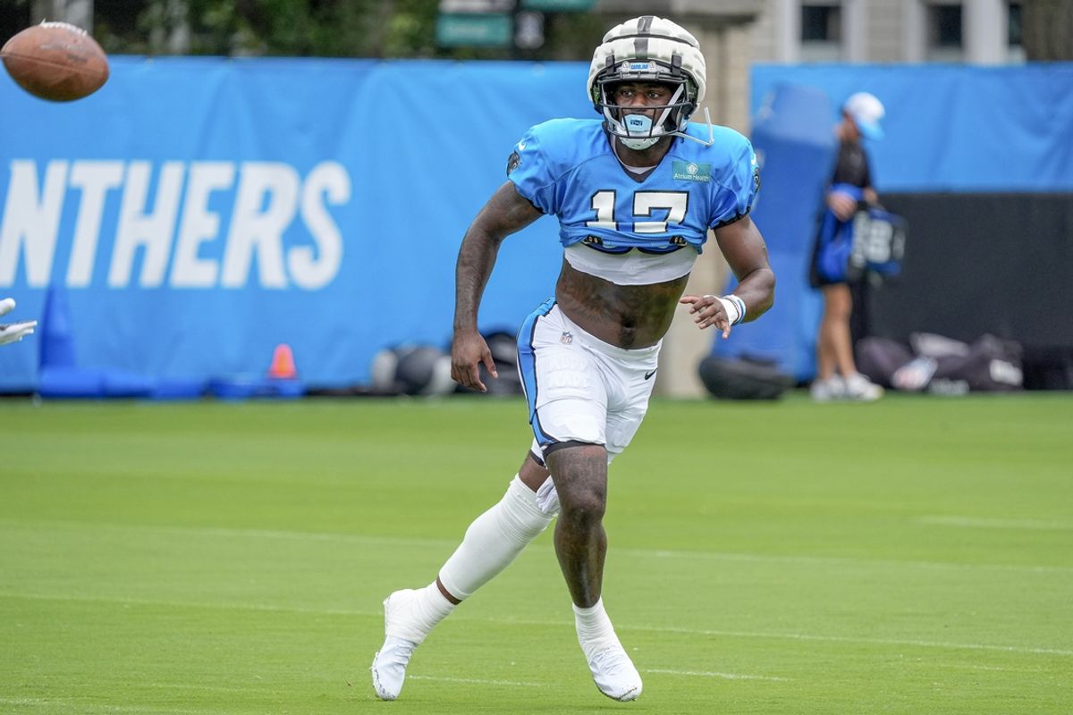 Jul 30, 2024; Charlotte, NC, USA; Carolina Panthers wide receiver Xavier Legette (17) makes a catch during training camp at Carolina Panthers Practice Fields. Mandatory Credit: Jim Dedmon-USA TODAY Sports