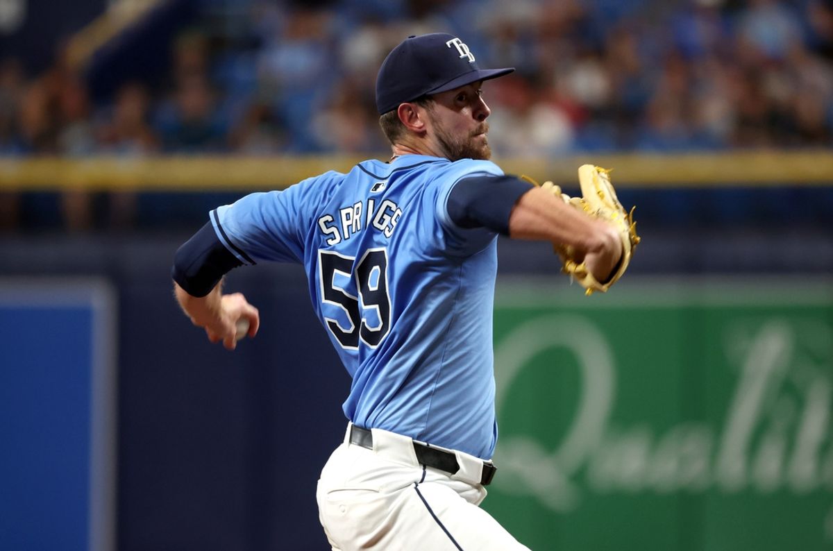 Jul 30, 2024; St. Petersburg, Florida, USA;  Tampa Bay Rays pitcher Jeffrey Springs (59) throws a pitch during the second inning against the Miami Marlins at Tropicana Field. Mandatory Credit: Kim Klement Neitzel-USA TODAY Sports