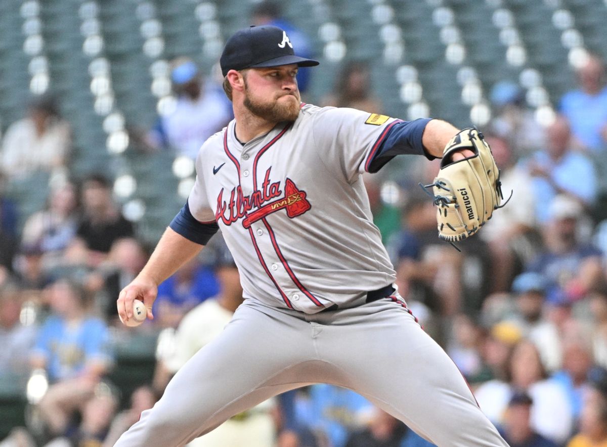 Jul 30, 2024; Milwaukee, Wisconsin, USA; Atlanta Braves starting pitcher Bryce Elder (55) delivers a pitch against the Milwaukee Brewers in the first inning at American Family Field. Mandatory Credit: Michael McLoone-USA TODAY Sports