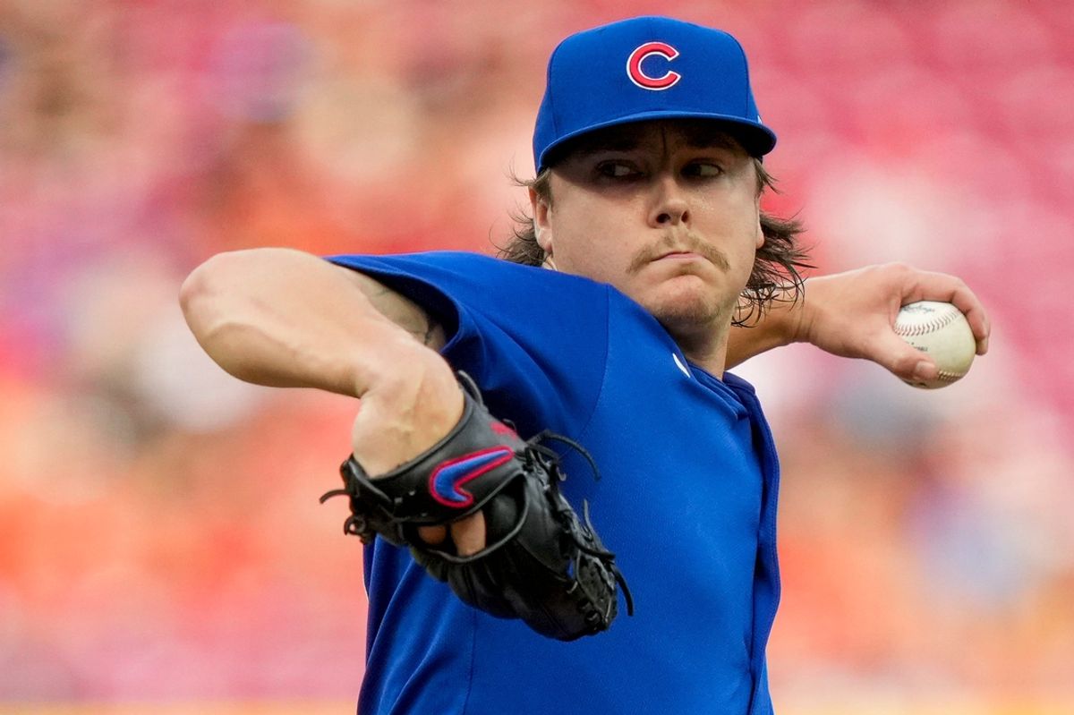 Chicago Cubs starting pitcher Justin Steele (35) throws a pitch in the first inning of the MLB National League game between the Cincinnati Reds and the Chicago Cubs at Great American Ball Park in downtown Cincinnati on Tuesday, July 30, 2024.