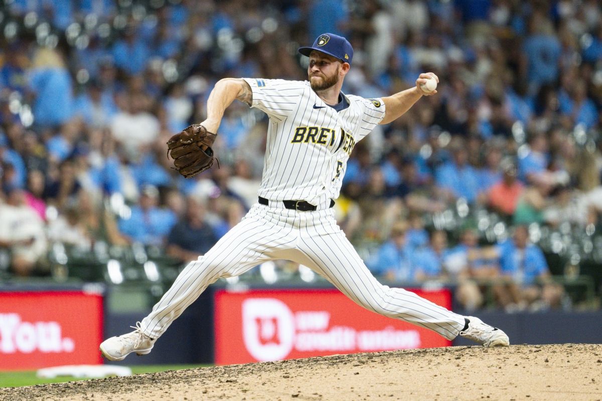 Jul 27, 2024; Milwaukee, Wisconsin, USA;  Milwaukee Brewers pitcher Tyler Jay (54) during the game against the Miami Marlins at American Family Field. Mandatory Credit: Jeff Hanisch-Imagn Images