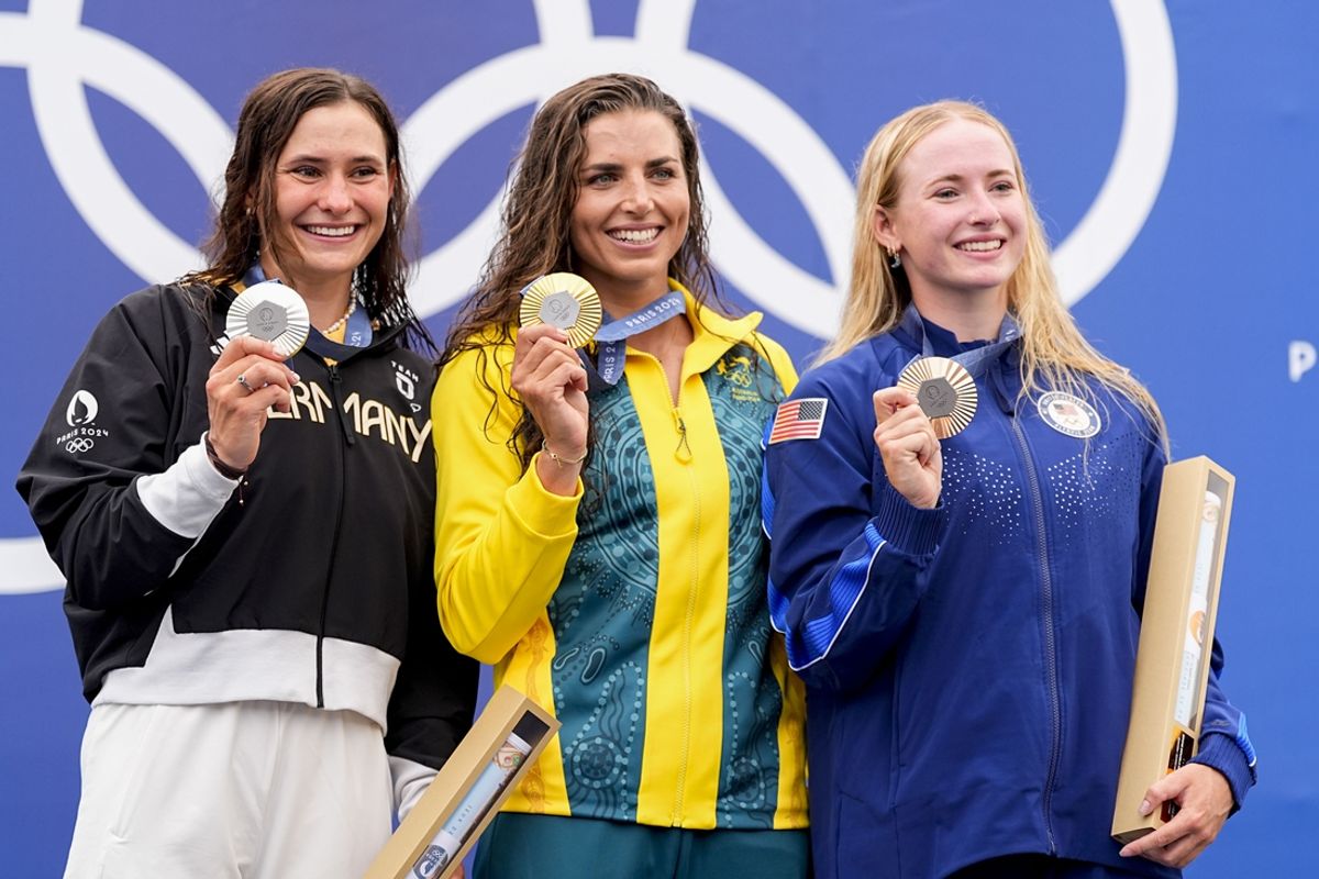 Jul 31, 2024; Vaires-sur-Marne, France; Elena Lilik of Team Germany, Jessica Fox of Team Australia and Evy Leibfarth of Team United States during the Paris 2024 Olympic Summer Games at Vaires-sur-Marne Nautical Stadium. Mandatory Credit: Sarah Phipps-USA TODAY Sports