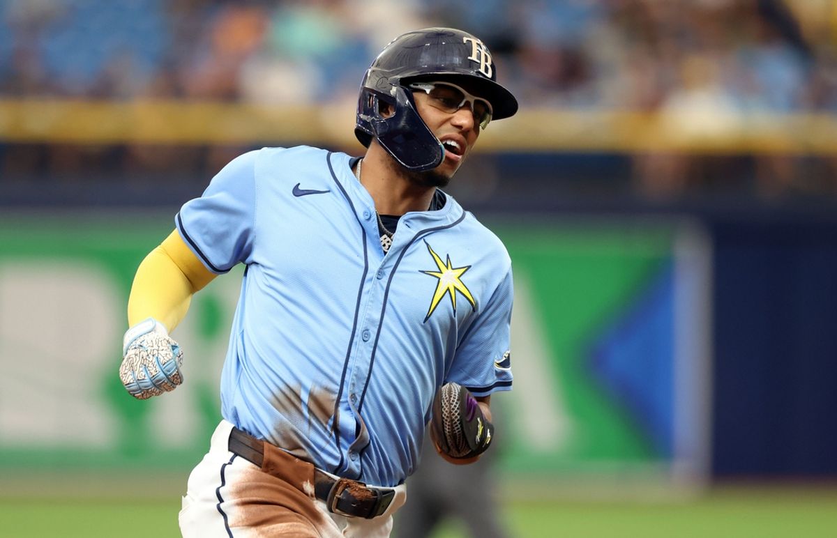 Jul 31, 2024; St. Petersburg, Florida, USA; Tampa Bay Rays outfielder Richie Palacios (1) runs home to score against the Miami Marlins during the second inning  at Tropicana Field. Mandatory Credit: Kim Klement Neitzel-Imagn Images