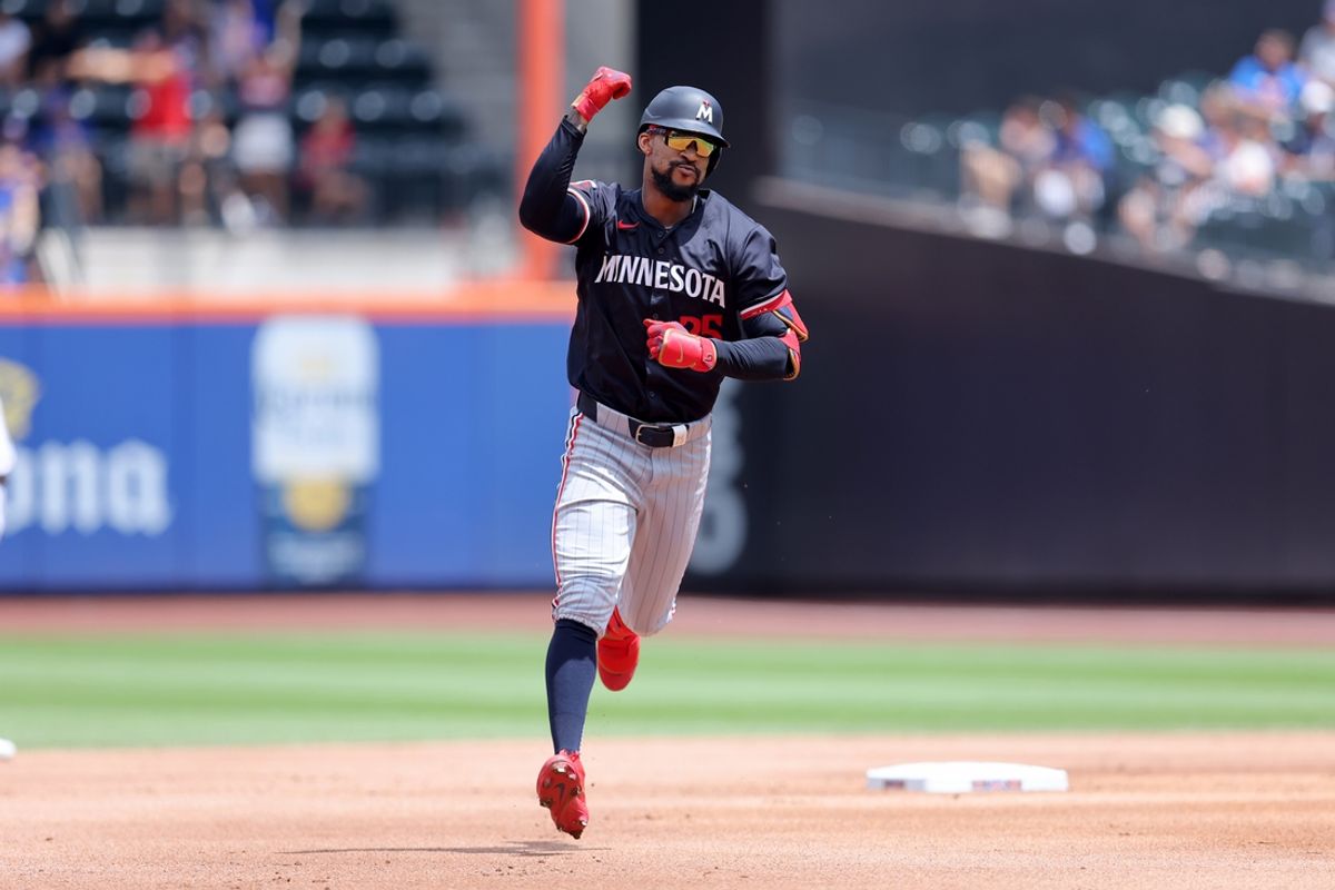 Jul 31, 2024; New York City, New York, USA; Minnesota Twins center fielder Byron Buxton (25) reacts as he rounds the bases after hitting a solo home run against the New York Mets during the second inning at Citi Field. Mandatory Credit: Brad Penner-USA TODAY Sports
