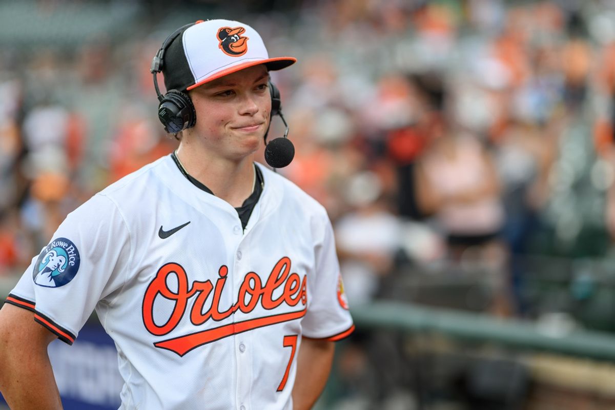 Jul 31, 2024; Baltimore, Maryland, USA; Baltimore Orioles second baseman Jackson Holliday (7) is interviewed after a game against the Toronto Blue Jays at Oriole Park at Camden Yards. Mandatory Credit: Reggie Hildred-USA TODAY Sports