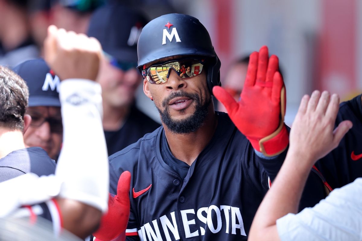 Jul 31, 2024; New York City, New York, USA; Minnesota Twins center fielder Byron Buxton (25) celebrates his solo home run against the New York Mets with teammates in the dugout during the second inning at Citi Field. Mandatory Credit: Brad Penner-USA TODAY Sports