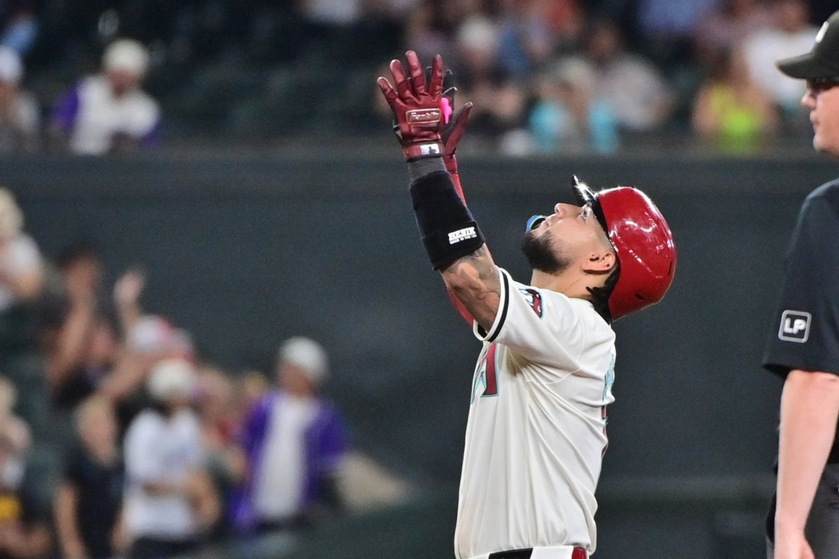 Jul 31, 2024; Phoenix, Arizona, USA;  Arizona Diamondbacks catcher Jose Herrera (11) celebrates after hitting a RBI double against the Washington Nationals in the sixth inning at Chase Field. Mandatory Credit: Matt Kartozian-USA TODAY Sports