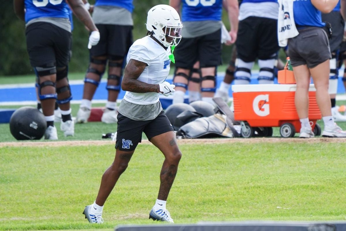 Memphis’ Kobee Minor (7) runs back after a drill during practice at the Billy J. Murphy Athletic Complex at the University of Memphis on Wednesday, July 31, 2024.