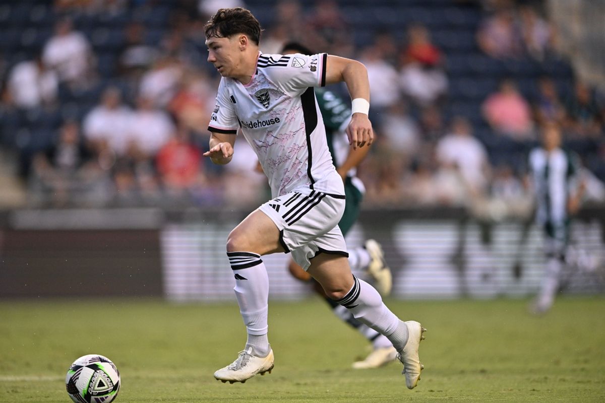 Jul 31, 2024; Chester, Pennsylvania, USA; D.C. United midfielder Ted Ku-DiPietro (21) controls the ball against Santos Laguna in the first half at Subaru Park. Mandatory Credit: Kyle Ross-Imagn Images