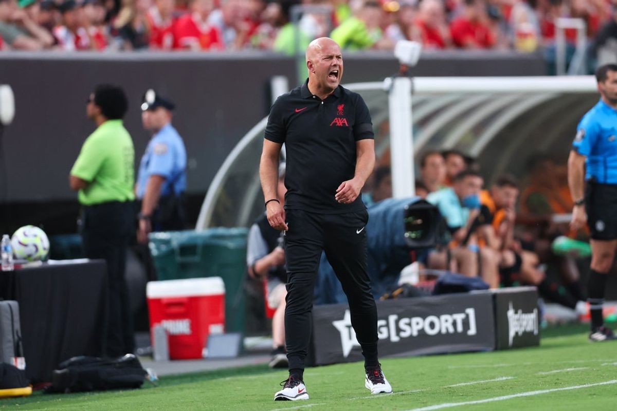 Jul 31, 2024; Philadelphia, PA, USA; Liverpool manager Arne Slot reacts during the first half against Arsenal at Lincoln Financial Field. Mandatory Credit: Bill Streicher-Imagn Images