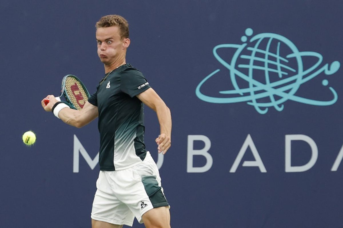 Jul 31, 2024; Washington, DC, USA; Luca Van Assche (FRA) hits a forehand against Andrey Rublev (not pictured) on day five of the Mubadala Citi DC Open at Rock Creek Park Tennis Center. Mandatory Credit: Geoff Burke-Imagn Images